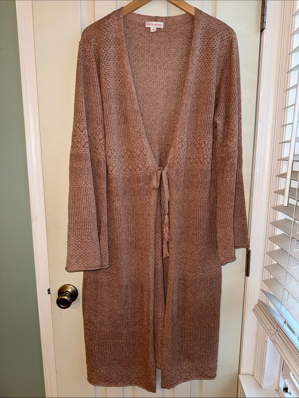 Knox Rose Pointelle Long Knit Tie-Front Bohemian Style Cardigan